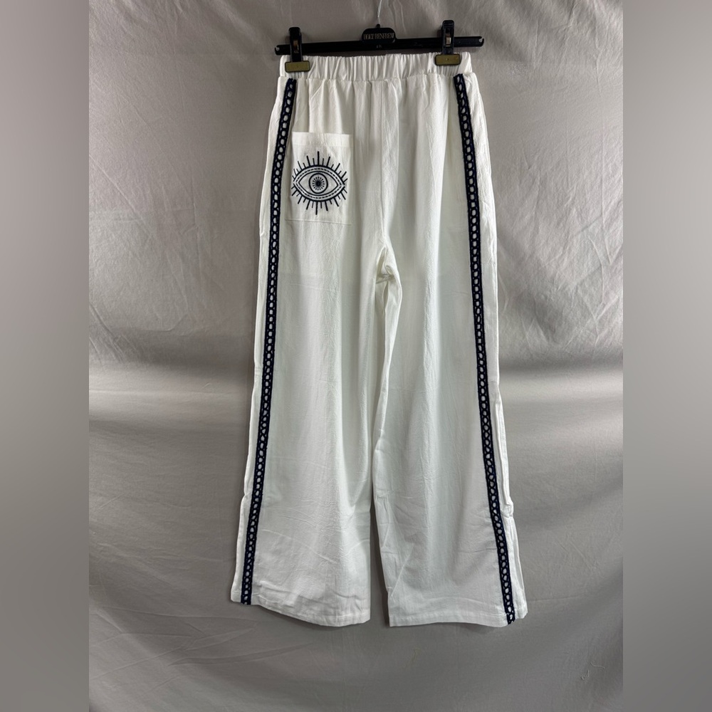 Embroidered Pocket Eye Pattern Cotton Wide Leg Pant - Picture 12 of 14